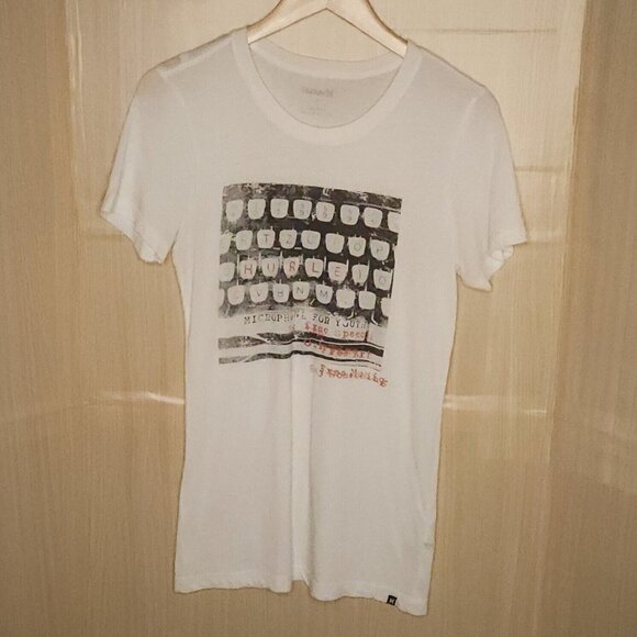 Hurley Womens White Typewriter Print Long Length Top Large - Picture 1 of 6